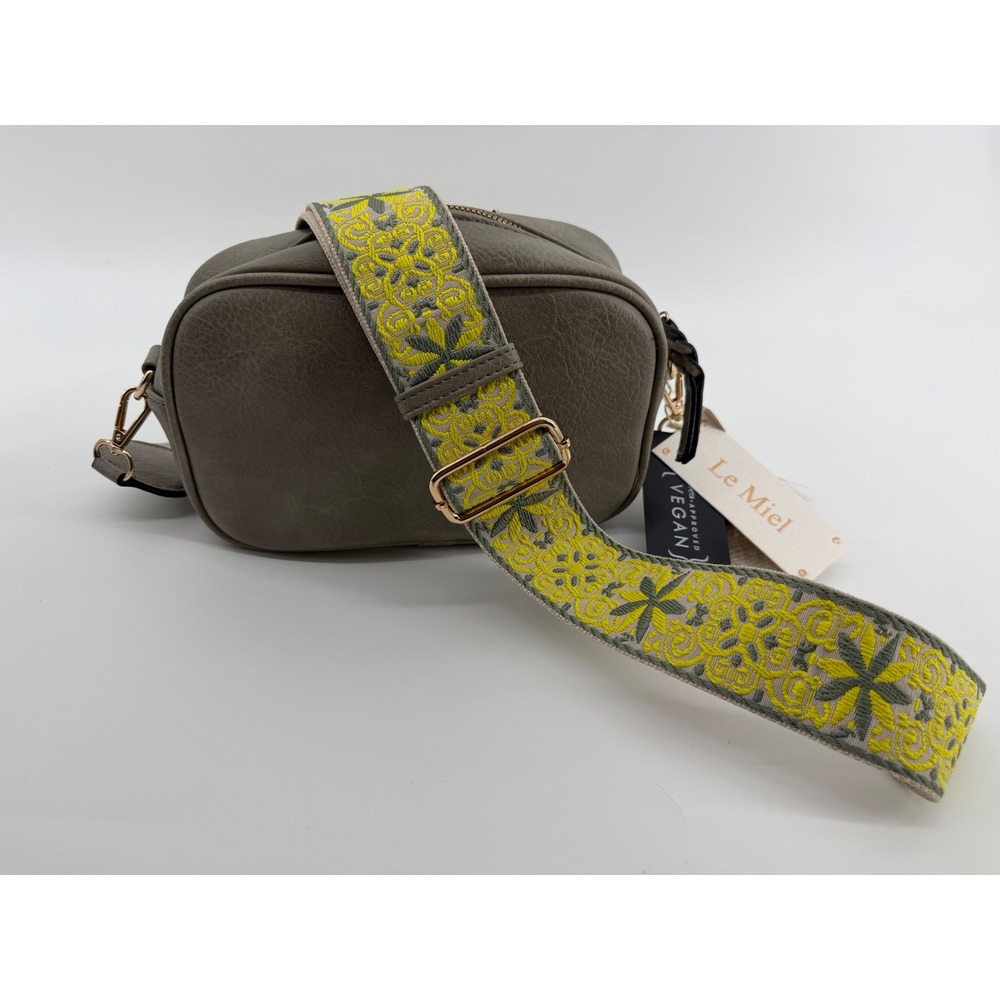Le Miel Vegan Leather Crossbody Bag Grey Camera Bag Embroidered Guitar Strap NEW